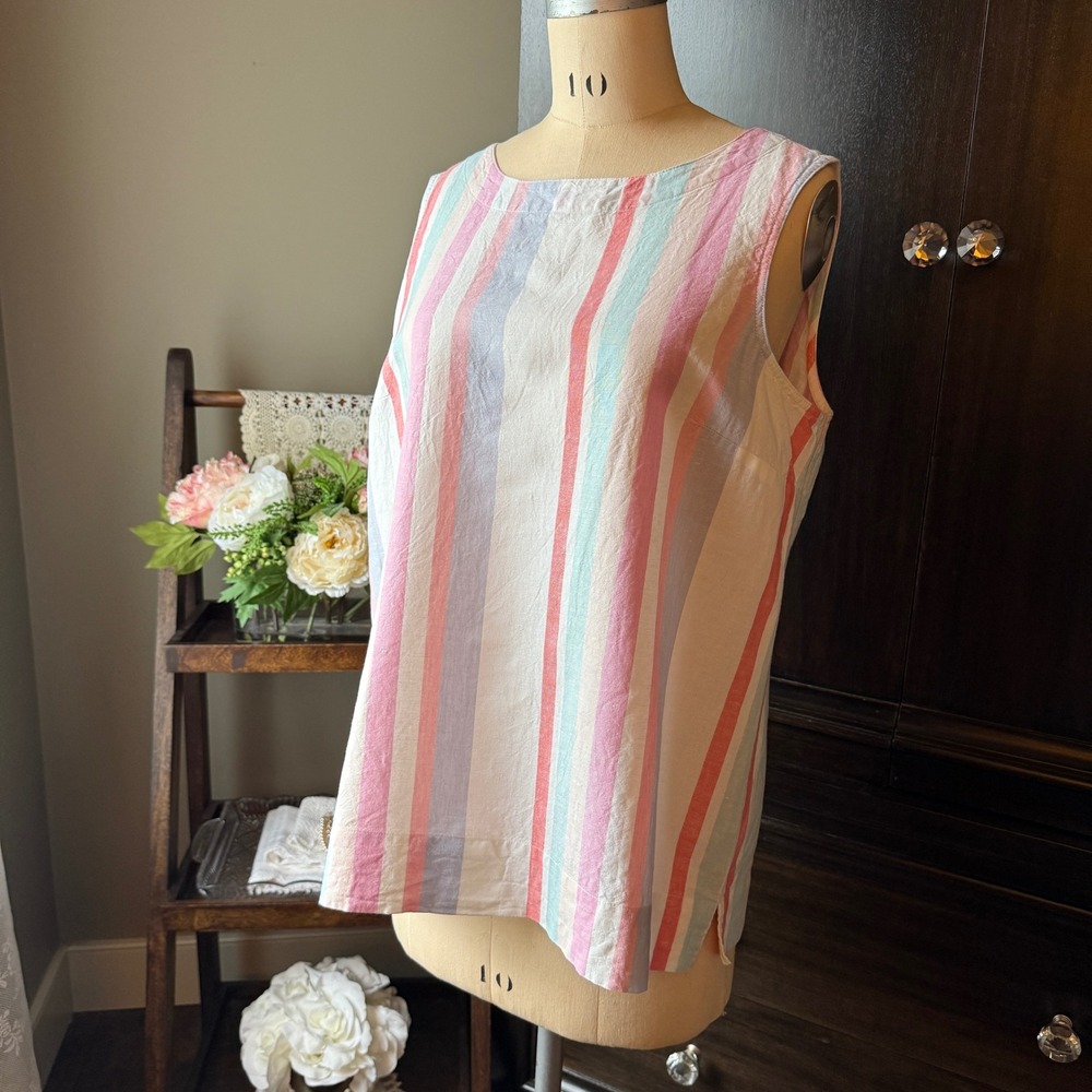 Linen Cotton Striped Sleeveless Top Button Back Pastel L Ellen Tracy Coastal